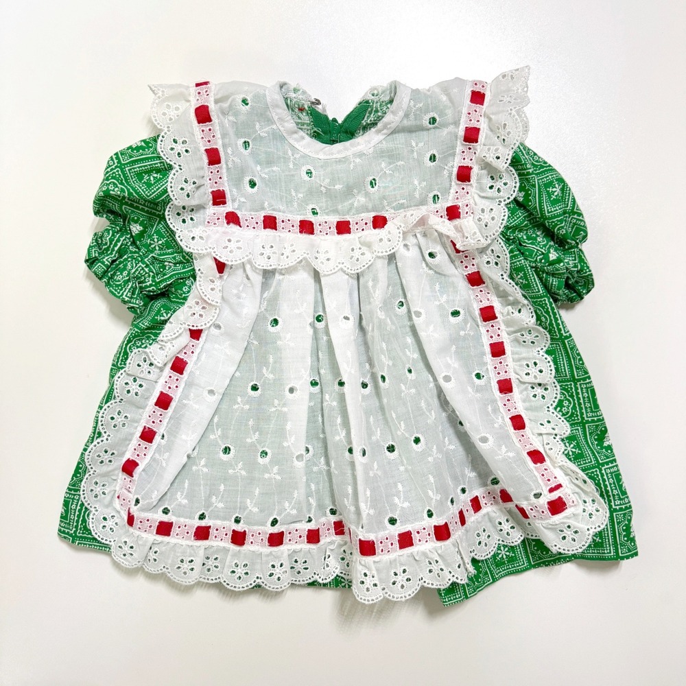 Vintage Handmade Baby Dress 6-12M Green Red Christmas Lace Eyelet Pinafore Apron